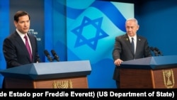 El secretario Marco Rubio y el primer ministro israelí, Benjamin Netanyahu, en conferencia de prensa en Jerusalén, Israel, el 15 de septiembre de 2025. 